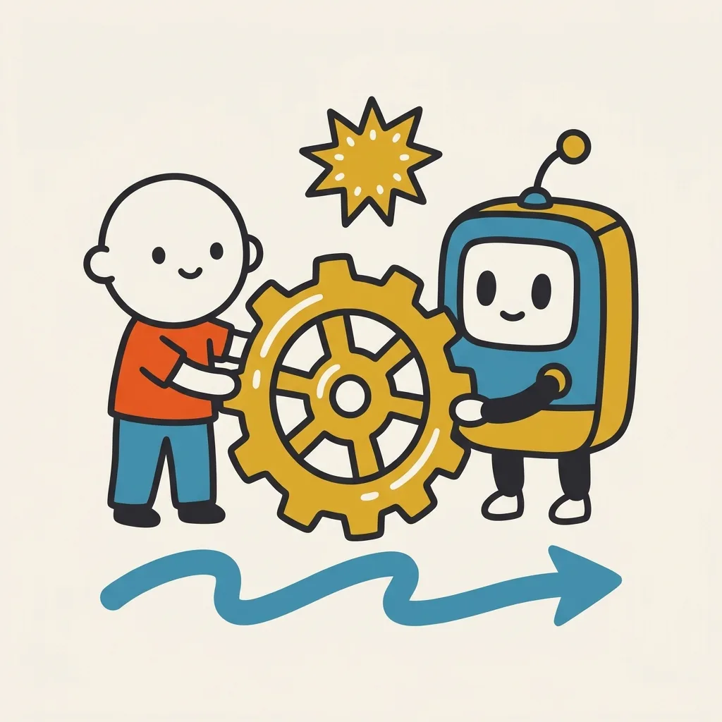 人とAIが協働して歯車を前に進めるイラスト